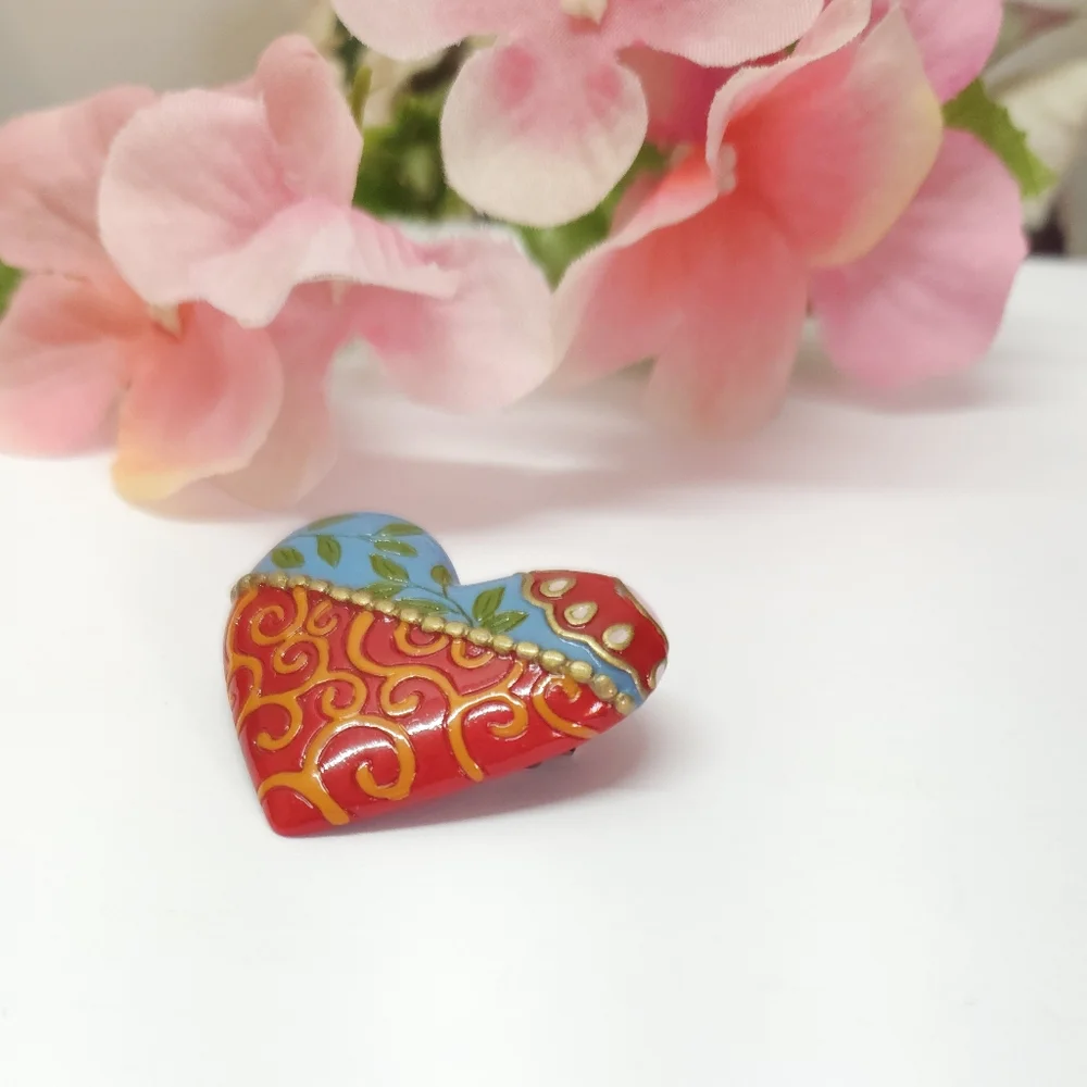 Vintage Hallmark Ganz Hand Painted Floral Heart Brooch or Pin